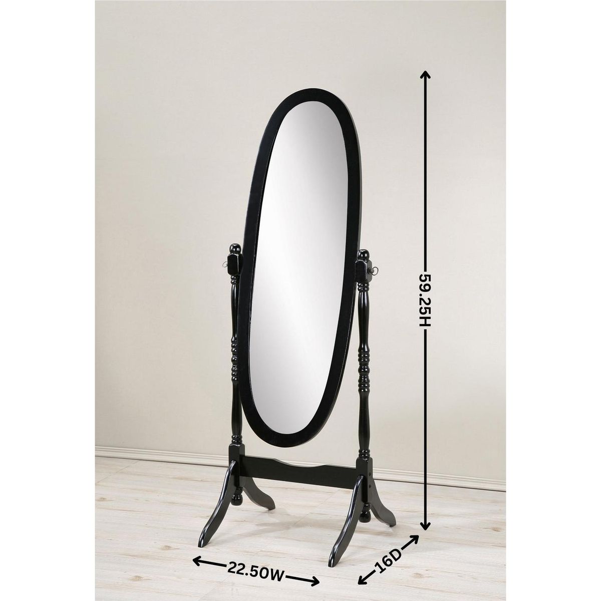 Traditional Queen Anna Style Wood Floor Cheval Mirror, Black Finish