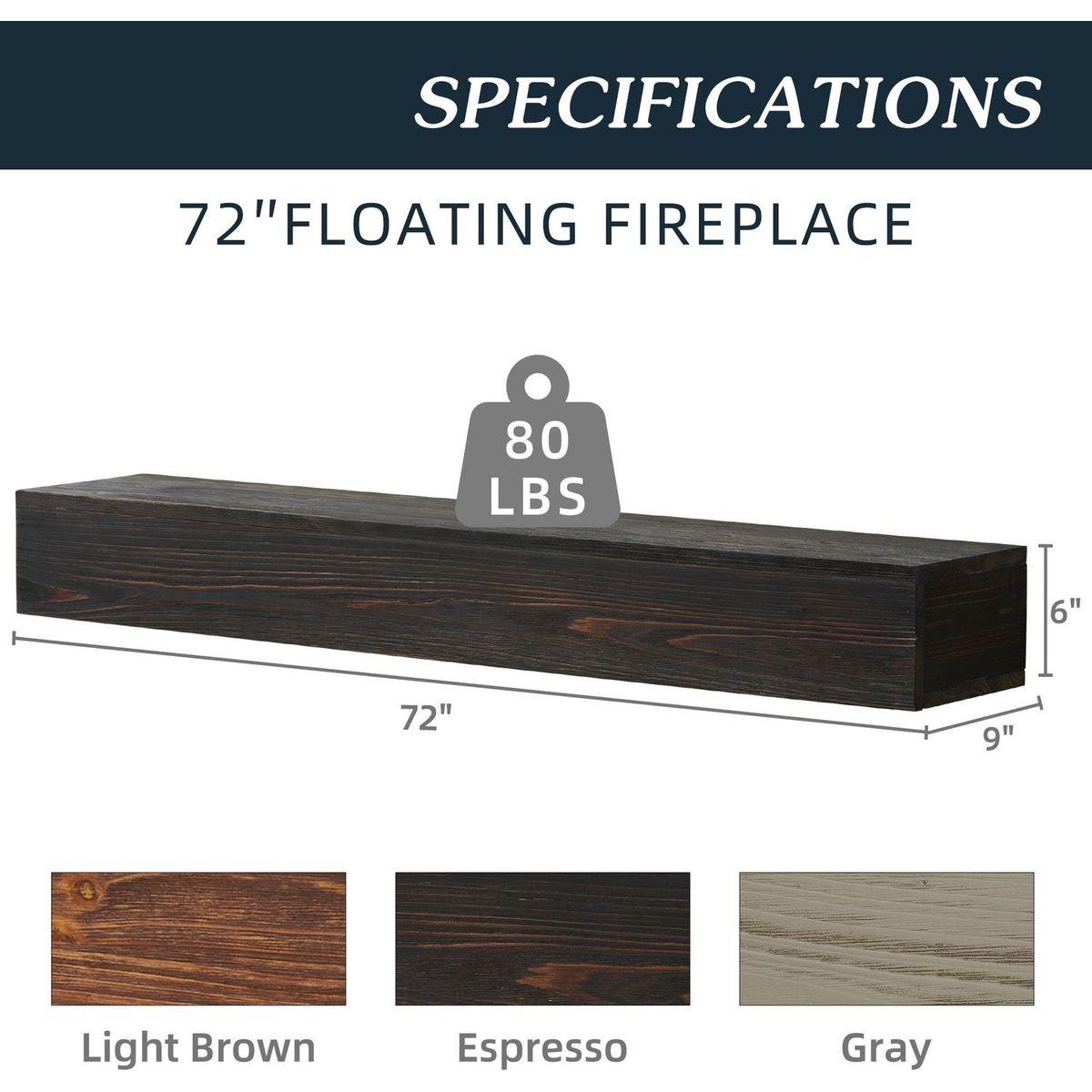 72" Rustic Wood Fireplace Mantel,Wall-Mounted & Floating Shelf for Home Decor