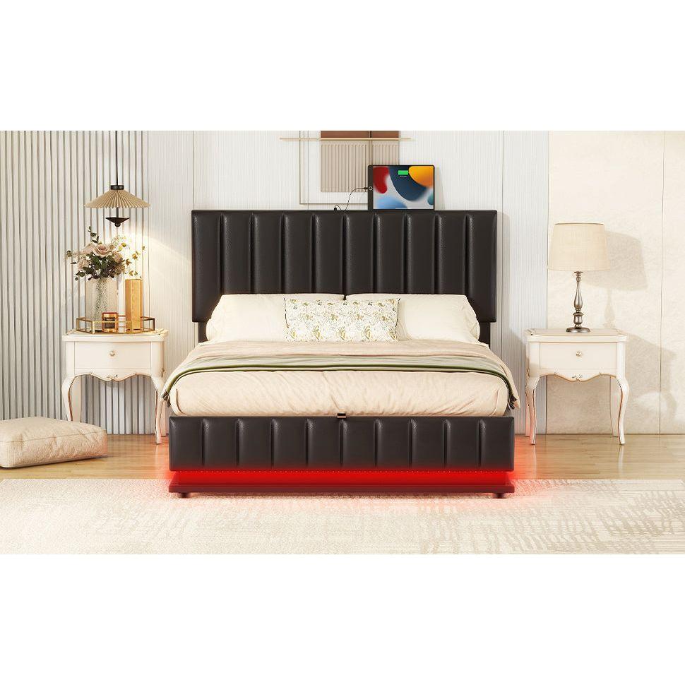 Full Size Upholstered Bed with Hydraulic Storage System and LED Light, Modern Platform Bed with Sockets and USB Ports, Black