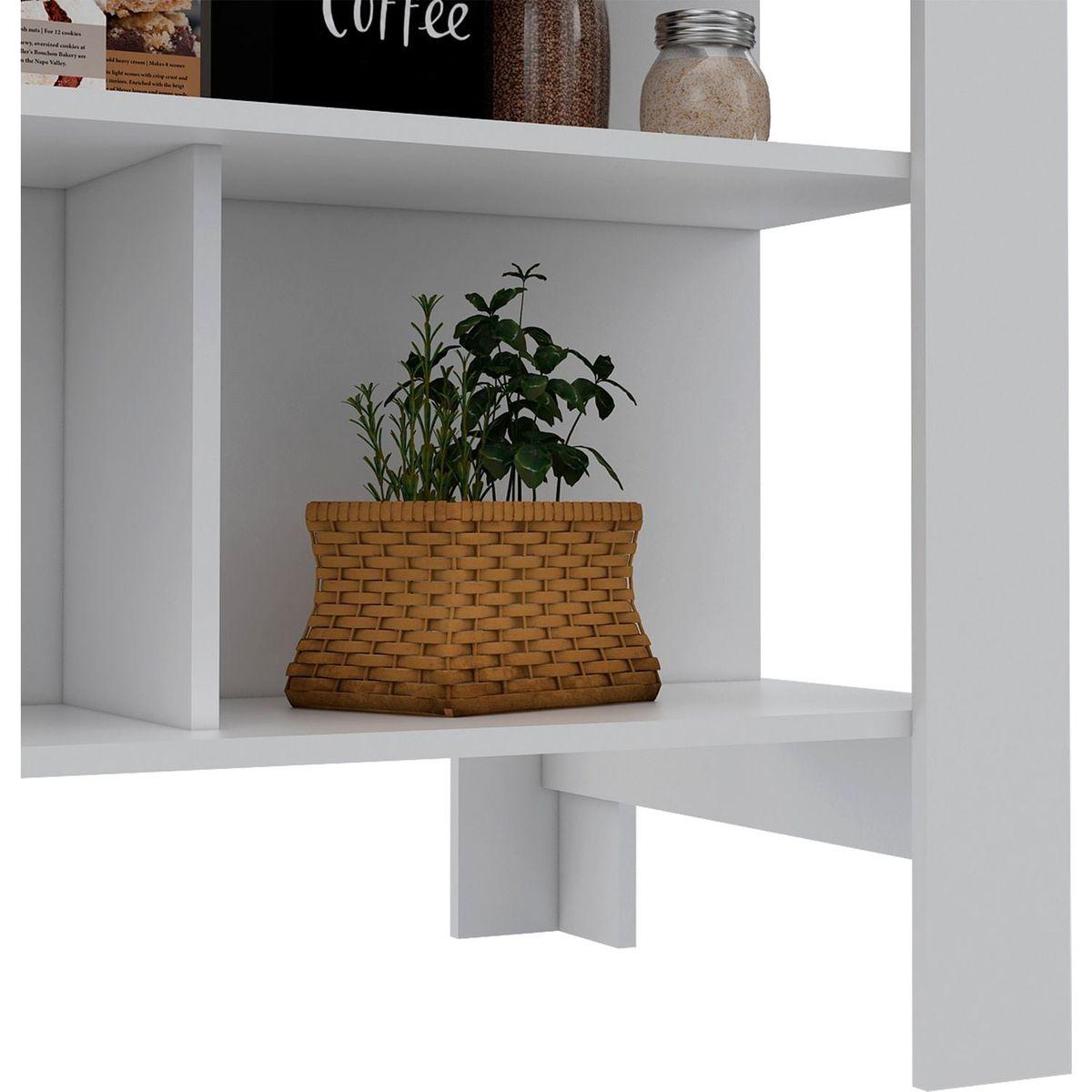 Kitchen Island, kitchen table 35" H, Four Legs, Three Open Storage Shelves, White / Walnut