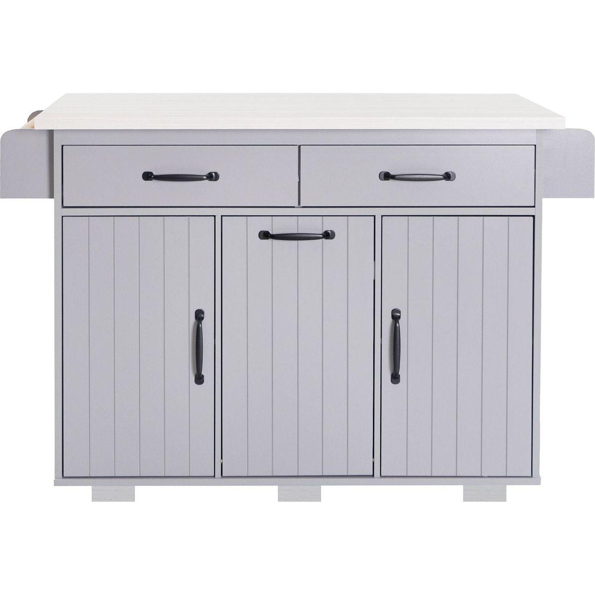 Kitchen Island with Trash Can Storage Cabinet, Kitchen Cart with Drop Leaf, Spice Rack, Towel Rack and Drawer, Rolling Kitchen Island on Wheels with Adjustable Shelf, Grey