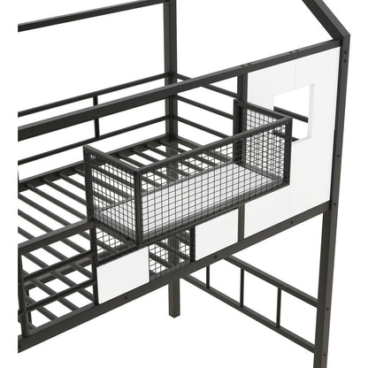 Metal Loft Bed with roof design and a storage box, Twin, Black
