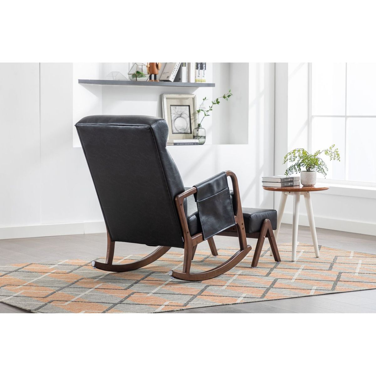 Rocking Chair With Ottoman, Mid-Century Modern Upholstered Fabric Rocking Armchair, Rocking Chair Nursery with Thick Padded Cushion, High Backrest Accent Glider Rocker Chair for Living Room