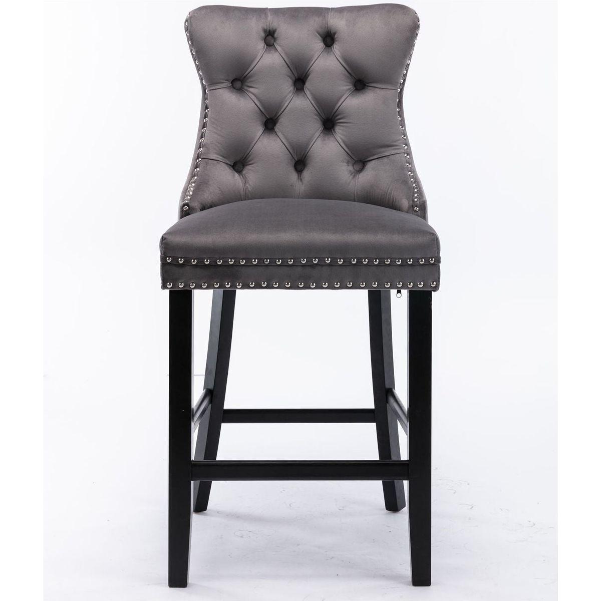 Contemporary Velvet Upholstered Barstools with Button Tufted Decoration and Wooden Legs, and Chrome Nailhead Trim, Leisure Style Bar Chairs,Bar stools, Set of 2 (Gray)