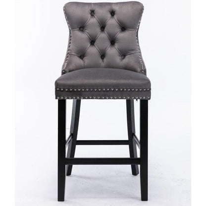 Contemporary Velvet Upholstered Barstools with Button Tufted Decoration and Wooden Legs, and Chrome Nailhead Trim, Leisure Style Bar Chairs,Bar stools, Set of 2 (Gray)