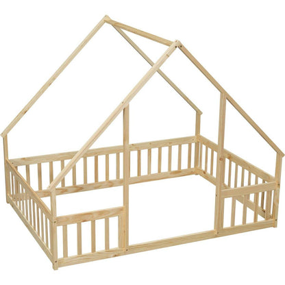 Full Wood House-Shaped Floor Bed with Fence, Guardrails,Natural