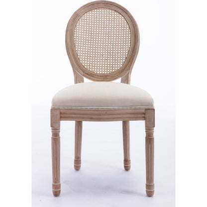 French Style Solid Wood Frame Antique Painting Linen Fabric Rattan Back Dining Chair,Set of 2,Cream