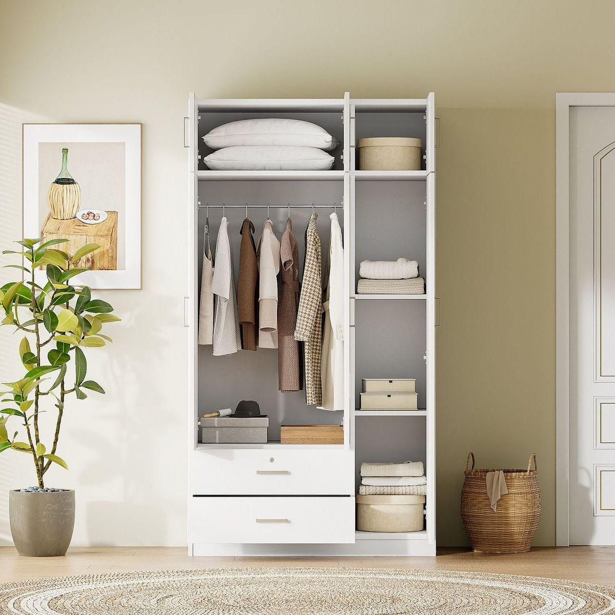 3-Door Mirror Wardrobe with 2 Drawers and Top Cabinet,White