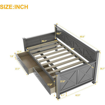 Twin Size Daybed with 2 Large Drawers, X-shaped Frame, Modern and Rustic Casual Style Daybed, Gray