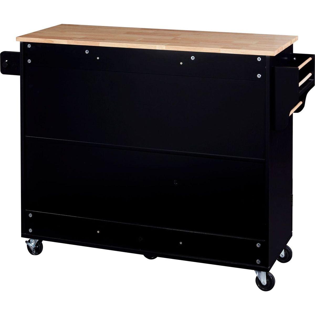 Rolling Kitchen Island with Storage, Kitchen Cart with Rubber Wood Top, 3 Drawer, 2 Slide-Out Shelf and Internal Storage Rack, Kitchen Island on Wheels with Spice Rack & Tower Rack, Black