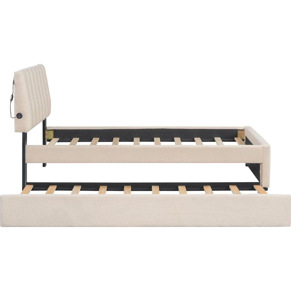 Teddy Fleece Twin Size Upholstered Platform Bed with Trundle, Beige