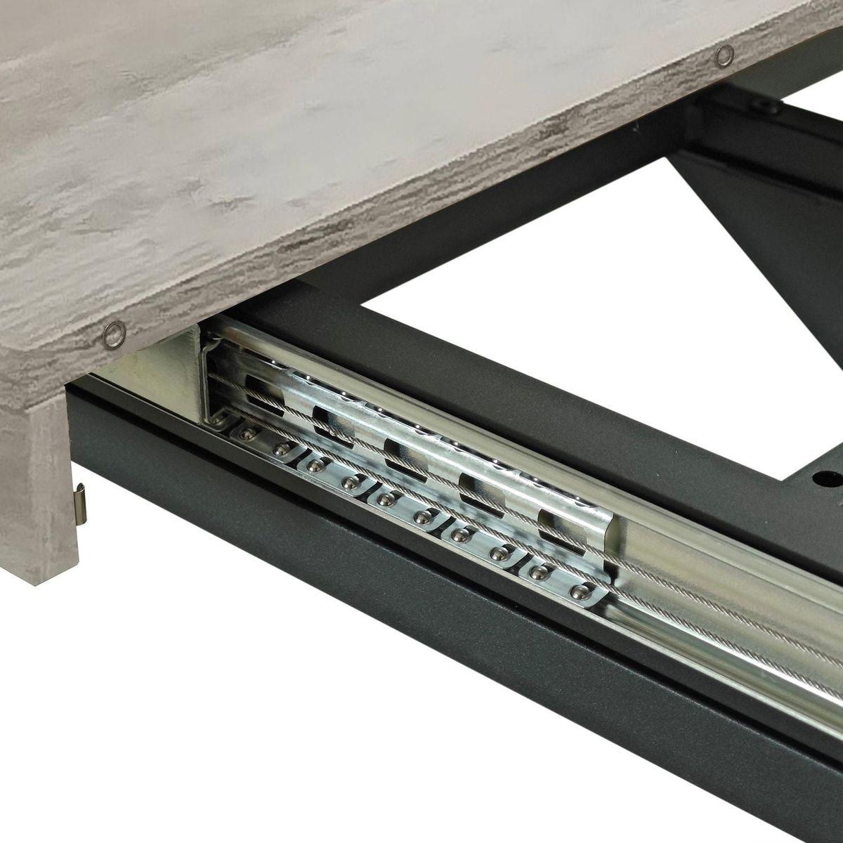 55.11" -70.86"Retro Rectangular Stretch Dining Table, Grey Carole Top With Black Embossed Center Plate, Black Fine Sand Cross Iron Foot Base Dining Table, With Storage Box.