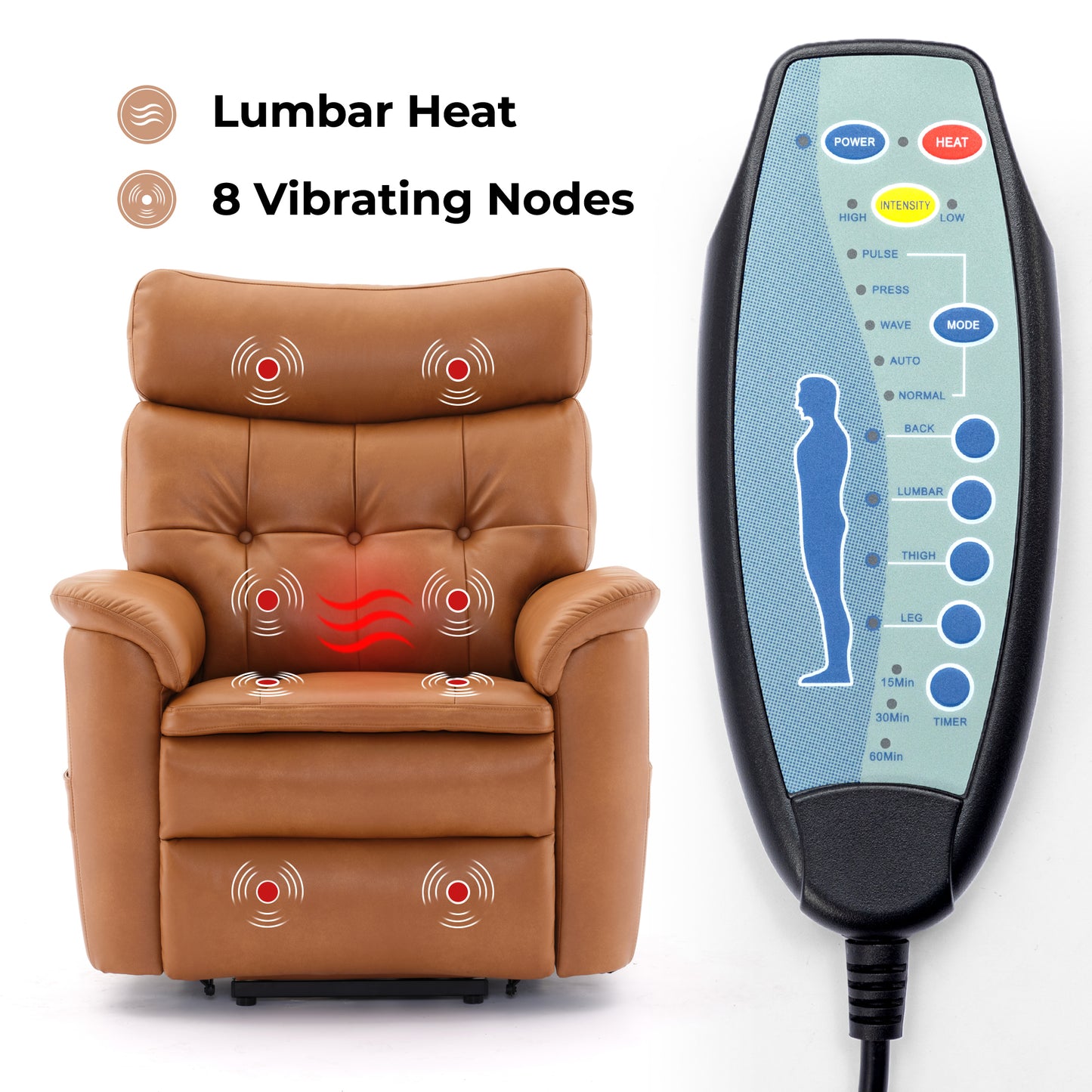 Dual Motor Power Lift Recliner Chair for Elderly, One Touch Reset, Lay Flat Leather Lift Chair with Massage and Heat, USB & Type C Ports, Electric Recliner Chairs for Seniors, Caramel Medium