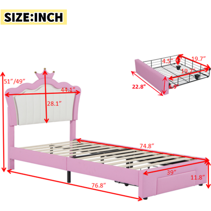 Twin Size Upholstered Bed Frame with LED Lights, Modern Upholstered Princess Bed with Crown Headboard, a Drawer, Pink+White