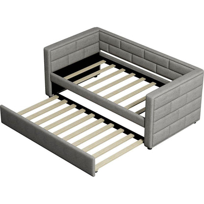 Twin Size Daybed with Trundle, Upholstered Daybed with Padded Back, Gray