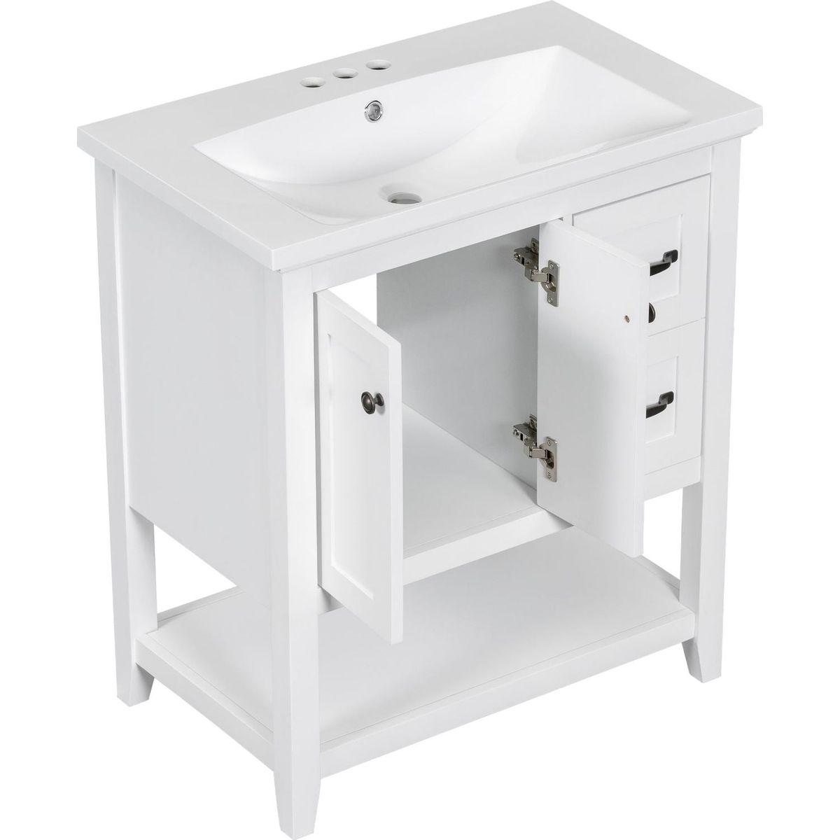 30" Bathroom Vanity with Ceramic Sink Top, Vanity Cabinet with Multi-Functional Drawer, Solid Wood Legs, White