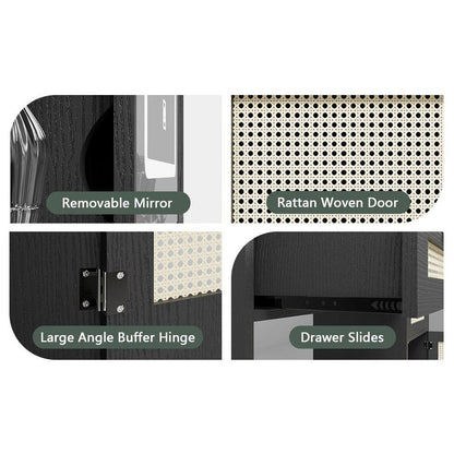 Makeup Vanity with Lights in 3 Colors & Openable Mirror, Vanity Desk with 4 Drawers & 1 Cabinets & Shelves, Vanity Table Rattan Vanity Dresser, for Bedroom