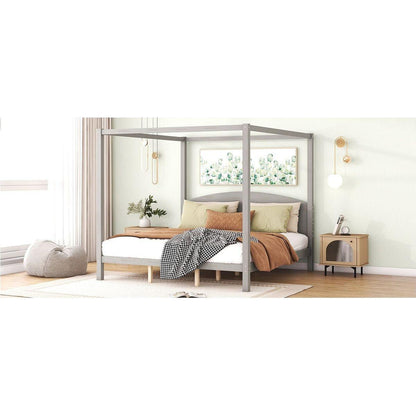 King Size Canopy Platform Bed with Headboard and Support Legs, Grey Wash