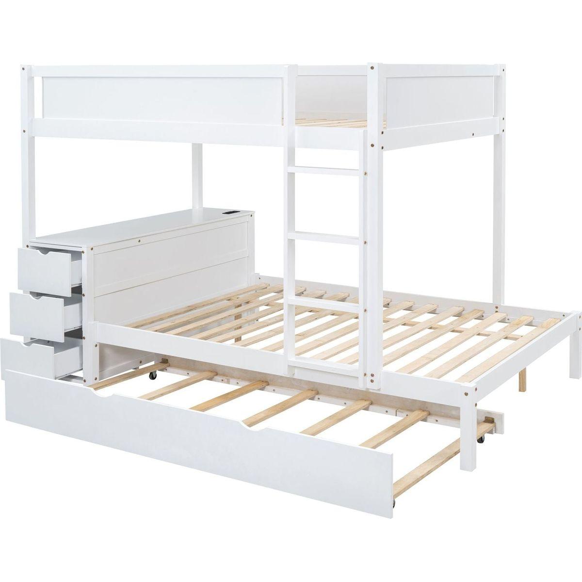 Full-Over-Full Bunk Bed with Twin size Trundle, Storage and Desk, White