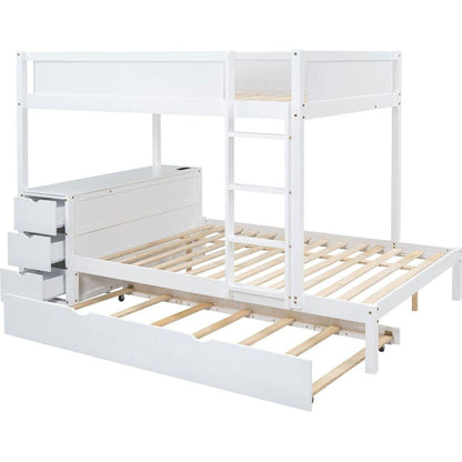 Full-Over-Full Bunk Bed with Twin size Trundle, Storage and Desk, White