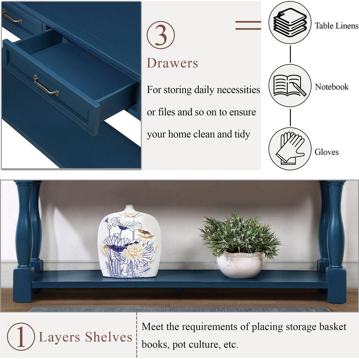 63inch Long Wood Console Table with 3 Drawers and 1 Bottom Shelf for Entryway Hallway Easy Assembly Extra-thick Sofa Table(Navy Blue)