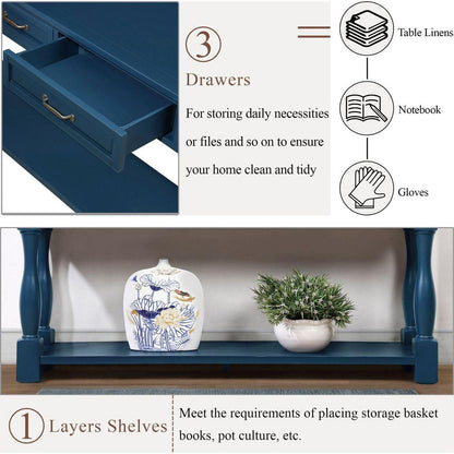 63inch Long Wood Console Table with 3 Drawers and 1 Bottom Shelf for Entryway Hallway Easy Assembly Extra-thick Sofa Table(Navy Blue)