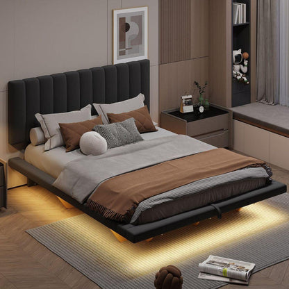 Queen Size Upholstered Floating Bed with LED Light and USB Port, Velvet, Gray, Hydrualic Platform Bed