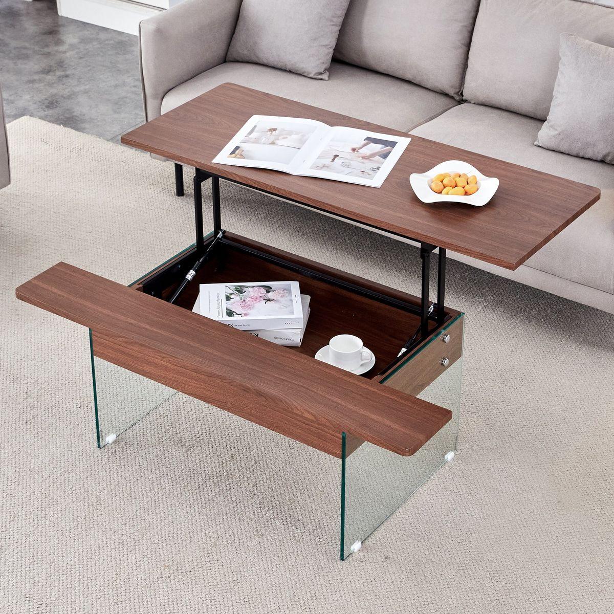 Multifunctional Lift Top Coffee Table -Dark Wood Color Grain Sticker, Essential for Modern Homes.Tempered Glass Legs,Lift Top Feature.Perfectly Fitting Into Living Rooms And Office.