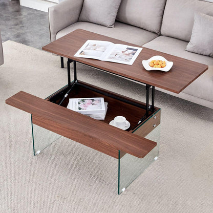 Multifunctional Lift Top Coffee Table -Dark Wood Color Grain Sticker, Essential for Modern Homes.Tempered Glass Legs,Lift Top Feature.Perfectly Fitting Into Living Rooms And Office.
