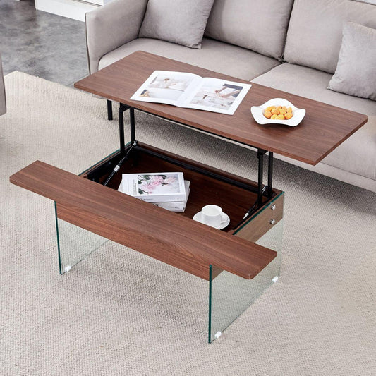 Multifunctional Lift Top Coffee Table -Dark Wood Color Grain Sticker, Essential for Modern Homes.Tempered Glass Legs,Lift Top Feature.Perfectly Fitting Into Living Rooms And Office.