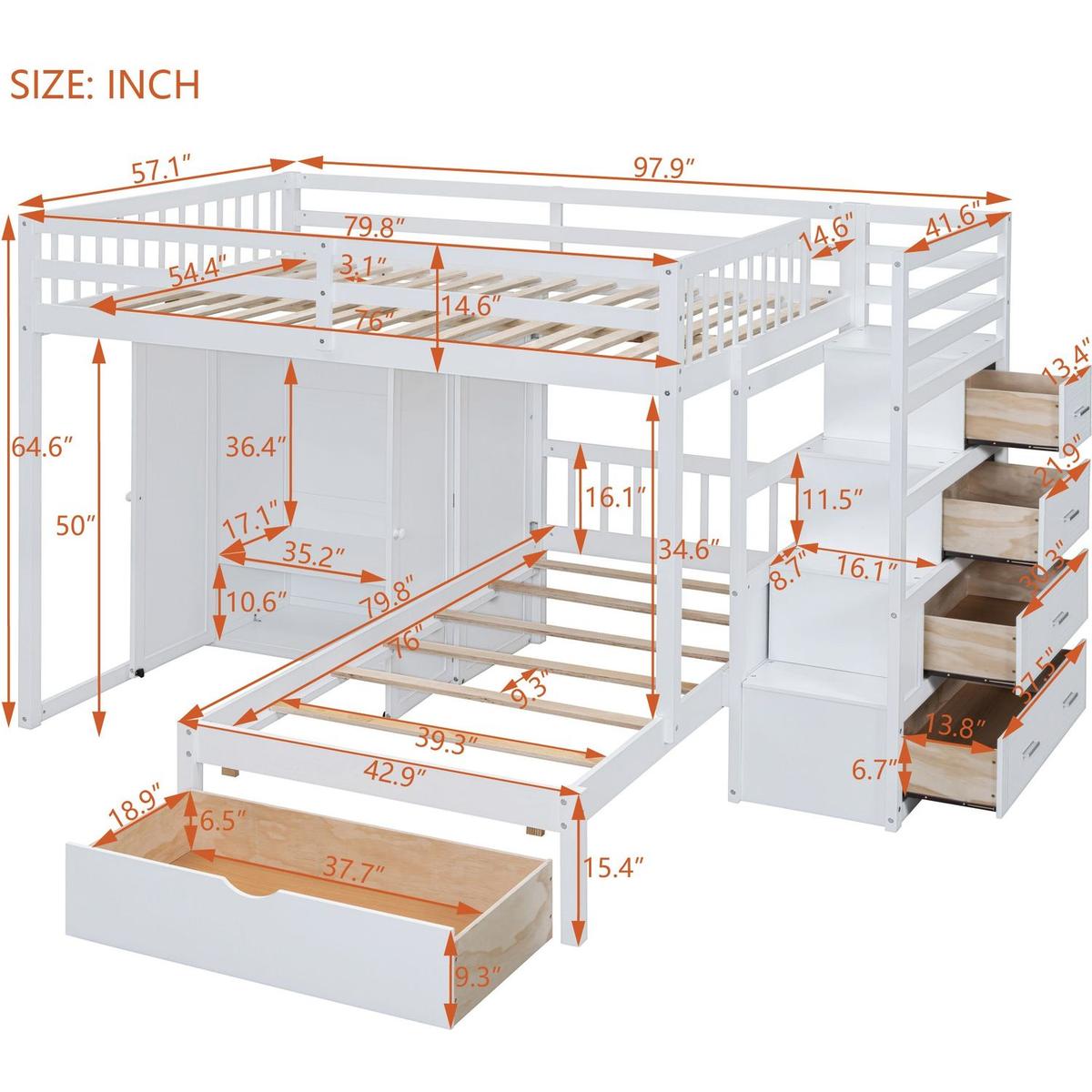 Full Over Twin Bunk Bed with Wardrobe, Drawers, White