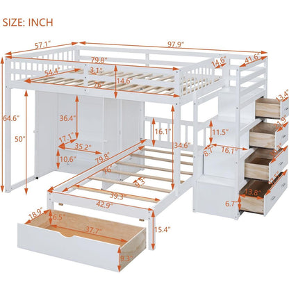 Full Over Twin Bunk Bed with Wardrobe, Drawers, White