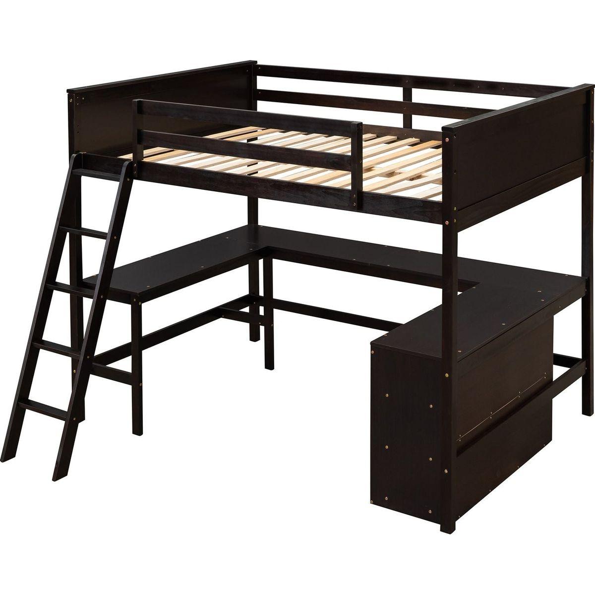 Full size Loft Bed with Shelves and Desk, Wooden Loft Bed with Desk - Espresso