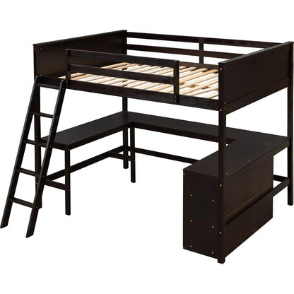 Full size Loft Bed with Shelves and Desk, Wooden Loft Bed with Desk - Espresso