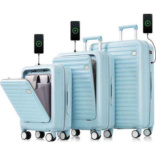 Luggage Set of 3, 20, 24, 28inch with USB Port, 20, 24inch with front opening design Airline Certified Carry on Luggage with Cup Holder, ABS Hard Shell Luggage with Spinner Wheels, light blue