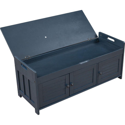 Storage Bench with 3 Shutter-shaped Doors, Shoe Bench with Removable Cushion and Hidden Storage Space (Antique Navy