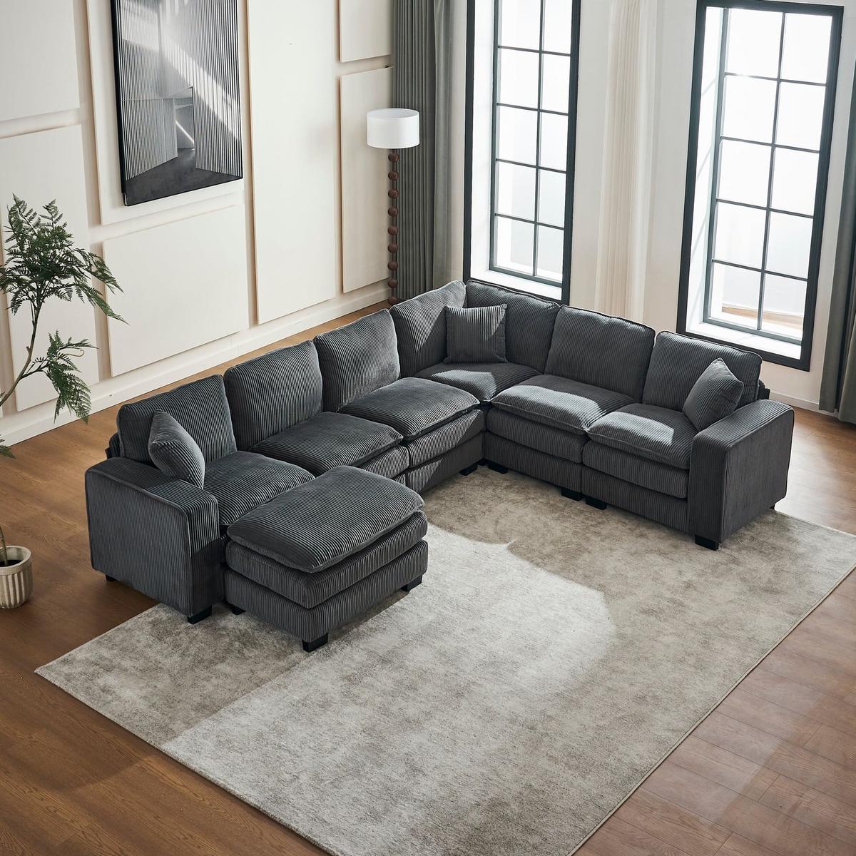 Modern U Shaped 6-seat Sectional Sofa Couch with one Ottoman and three toss pillows, Modular Sofa for Living Room,Corduroy sofa