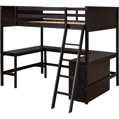 Full size Loft Bed with Shelves and Desk, Wooden Loft Bed with Desk - Espresso