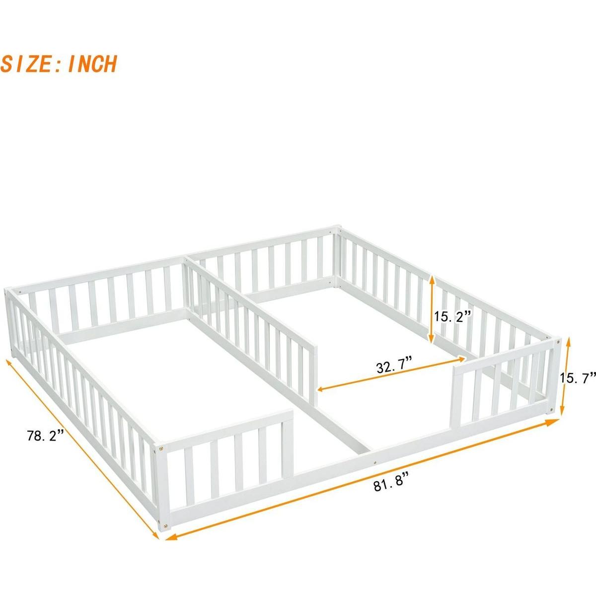 Double Twin Floor Bed with Fence, Guardrails, without door, White