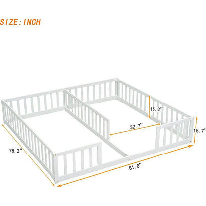 Double Twin Floor Bed with Fence, Guardrails, without door, White