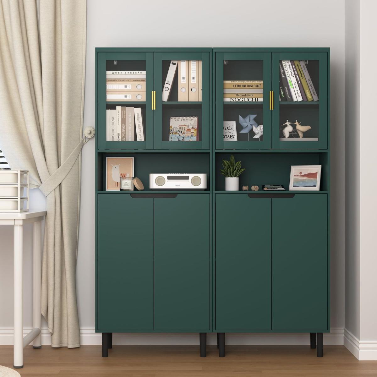 Tall Storage Show Cabinet with 2 Glass Display Door & 2 Doors, Tall Kitchen Pantry Cabinet with Gold Handles, Modern Cabinet Freestanding for Bathroom, Dining Living Room, Green