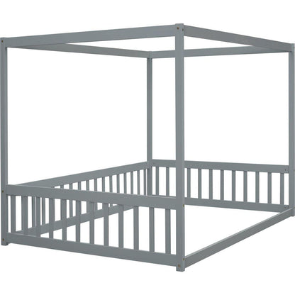 Full Size Canopy Frame Floor Bed with Fence, Guardrails,Grey