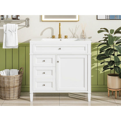 36" Bathroom Vanity with Top Sink, Modern Bathroom Storage Cabinet with 2 Drawers and a Tip-out Drawer, Single Sink Bathroom Vanity