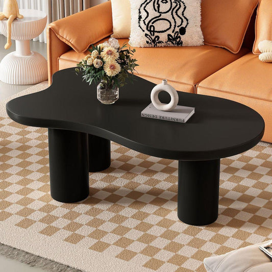 44" x 25.9" Easy Assembly Cloud Coffee Table with 1.5" Thick Tabletop, Cream Style Irregular End Table with 3 Sturdy Legs, Sleek Center Table with Round Edge for Living Room, Black