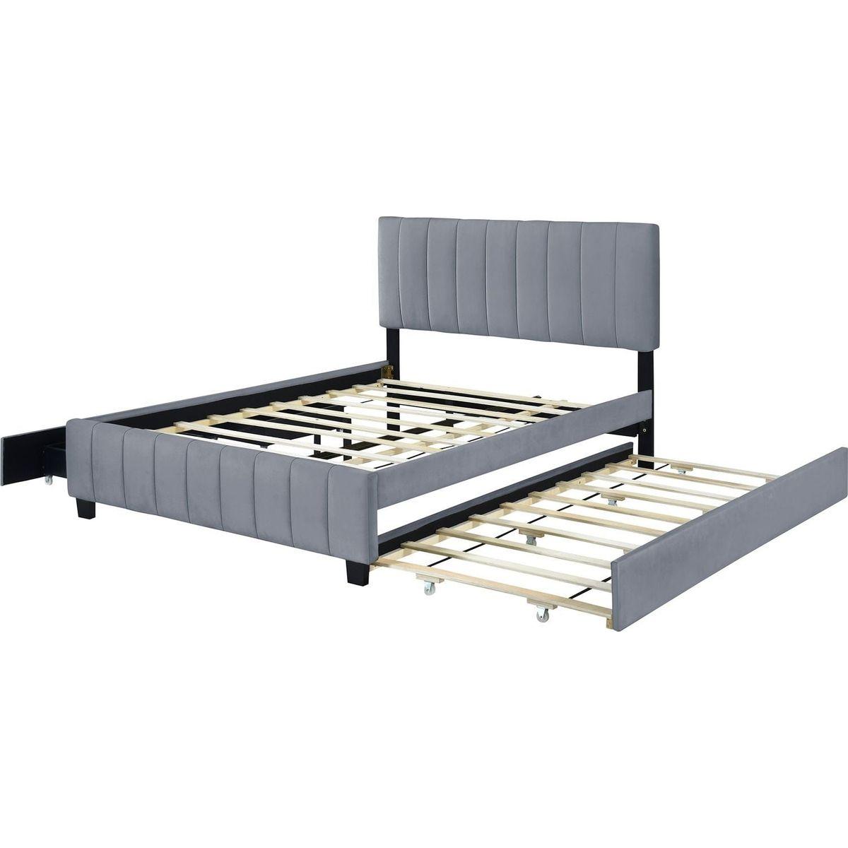Queen Size Velvet Upholstered Platform Bed with 2 Drawers and 1 Twin XL Trundle- Gray - Streamdale Furniture