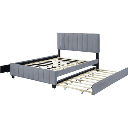 Queen Size Velvet Upholstered Platform Bed with 2 Drawers and 1 Twin XL Trundle- Gray - Streamdale Furniture