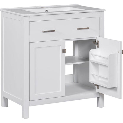 30-inch Bathroom Vanity with Ceramic Sink, Modern White Single Bathroom Cabinet with 2 Doors and a Shelf, Soft Close Doors