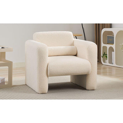 Modern Accent Chair Lambskin Sherpa Fabric Upholstered Comfy Reading Arm Chair Soft Padded Armchair with Back and Pillow for Living Room Bedroom Reception Waiting Room Office, Cream