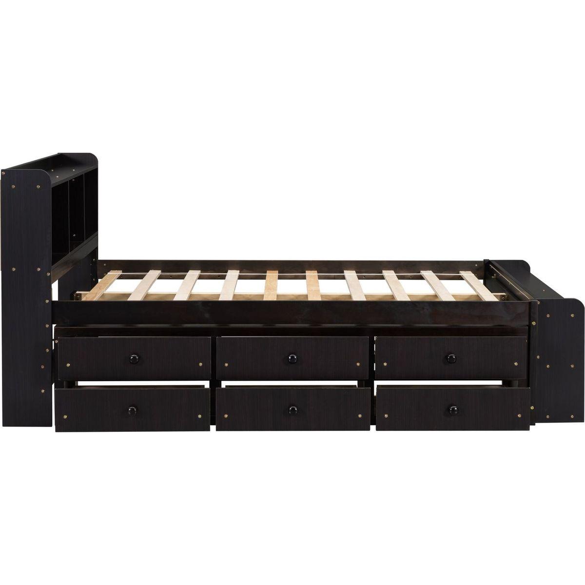 Full Bed with Bookcase Headboard, Under bed Storage Drawers and Bed End Storage Case,Espresso