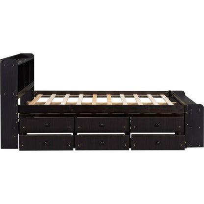 Full Bed with Bookcase Headboard, Under bed Storage Drawers and Bed End Storage Case,Espresso